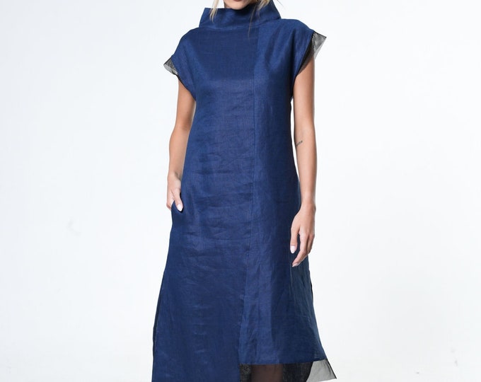 Blue Linen Dress / Asymmetric Linen Dress / Blue Formal Dress / Natural Linen Dress / Linen Clothing  METD0219