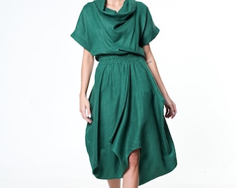 Linen Summer Dress / Green Linen Dress / Asymmetric Dress / Forest Green Dress / Linen Tunic Dress / High Collar Dress /Linen Dress METD0177