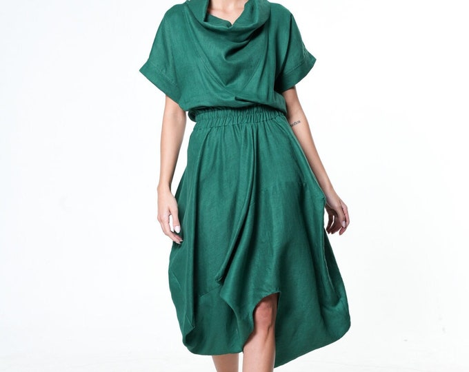 Linen Summer Dress / Green Linen Dress / Asymmetric Dress / Forest Green Dress / Linen Tunic Dress / High Collar Dress /Linen Dress METD0177
