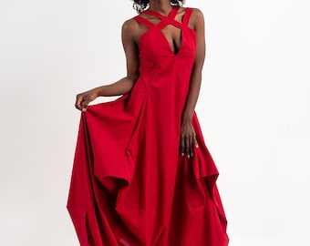 Red Asymetric Dress/Multi Strap Dress /Red Boho Dress /Dress for Wedding Guest /Asymmetric Dress /Garden Party Dress /Long Sleeveless Dress