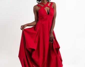 Long Elegant Red Dress / Asymmetric Draped Dress With Straps METD0190