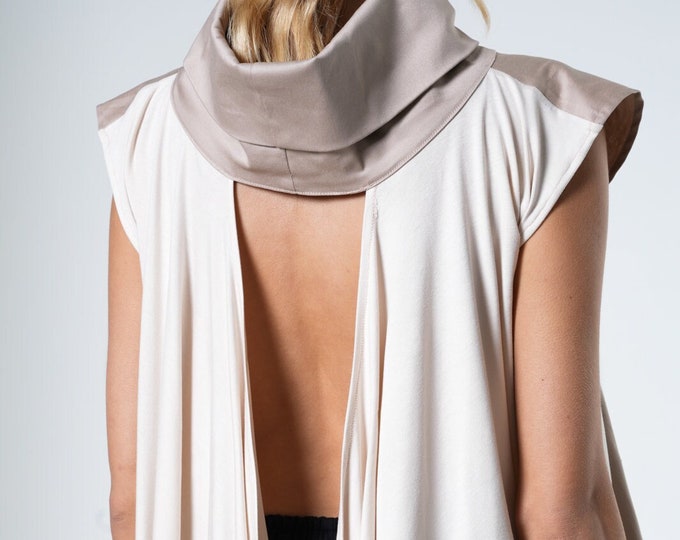 Asymmetric Open Back Tunic/ Collar Neckline Top / Extravagant Tunic / Beige Top With Cutout Back METT0041