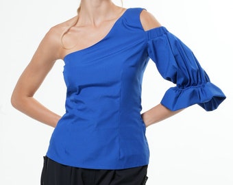Blue Asymmetrical Shirt with Puff Sleeve METT0249