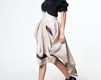 Asymmetrical Linen Maxi Skirt with Suspenders METSk0042