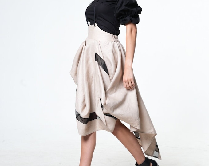 Asymmetrical Linen Maxi Skirt with Suspenders
