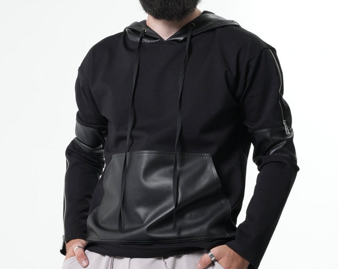 NEW Mens Zipper Hoodie / Leather Hoodie / Autumn Hoodie