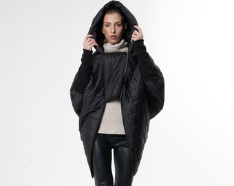 Extravagant Casual Jacket/Asymmetric Black Coat/Loose Black Coat/Black Hooded Jacket/Comfortable Black Maxi Coat METC0041