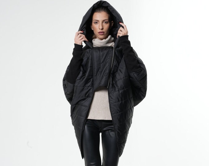 Extravagant Casual Jacket/Asymmetric Black Coat/Loose Black Coat/Black Hooded Jacket/Comfortable Black Maxi Coat METC0041