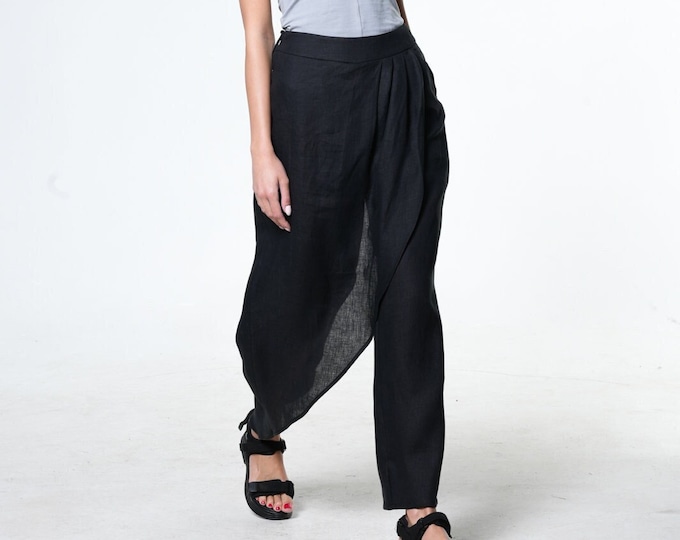 Linen Palazzo Pants with Asymmetrical Legs