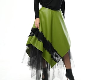 Green Leather Skirt / Vegan Leather Skirt / Boho Lace Skirt / Leather Skirt Women / Elegant Skirt / Avant Garde Skirt / METSk0039