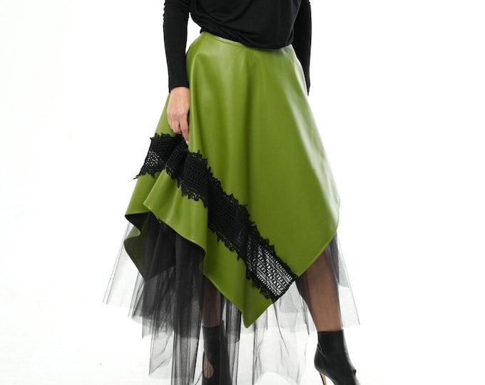 Green Leather Skirt / Vegan Leather Skirt / Boho Lace Skirt / Leather Skirt Women / Elegant Skirt / Avant Garde Skirt / METSk0039