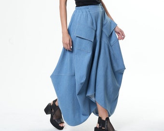 Extravagant Denim Skirt /  Asymmetrical Skirt / Maxi Jean Skirt
