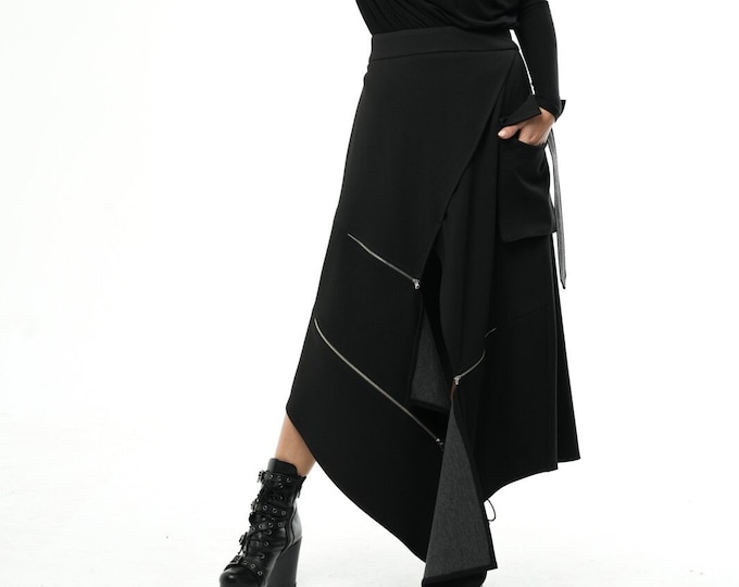 Long Black Skirt / Asymmetrical Skirt With Zippers /  Extravagant Skirt