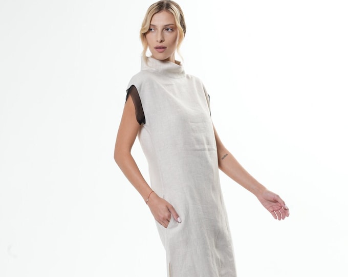 Asymmetrical Linen Dress In Beige METD0219