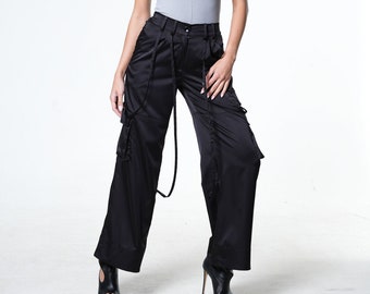 Pantalon Cargo noir/ Pantalon Y2k/ Pantalon Cargo Femme/ Pantalon Cargo Femme/ Pantalon Techwear/ Pantalon Streetwear/ Pantalon Flare Noir/ Techwear Femme