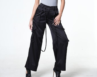 Black Cargo Pants/Y2k Pants/Cargo Pants Women/Women Cargo Pants/Techwear Pants/ Streetwear Pants/ Black Flare Pants/ Techwear Women METP0116