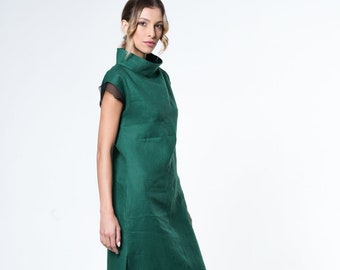 Turtleneck Linen Dress / Asymmetrical Green Dress / Elegant Summer Dress