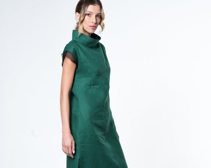 Green Dress / Linen Dress / Wedding Guest Dress / Linen Clothing / Boho Dress METD0219