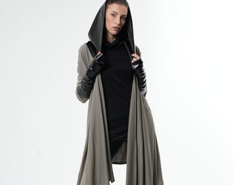 NEW Asymmetrical Tunic / Hooded Tunic / Loose Tunic Top / Futuristic Clothing / Leather Hood / Thumb Hole Sleeve / Oversized Tunic