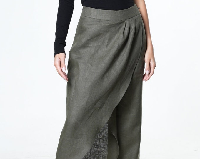 Khaki Linen Wide Leg Pants METP0113