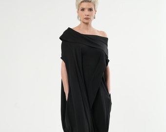 Soft Cotton Dress / Asymmetrical Kaftan In Black / Off The Shoulder Maxi Dress