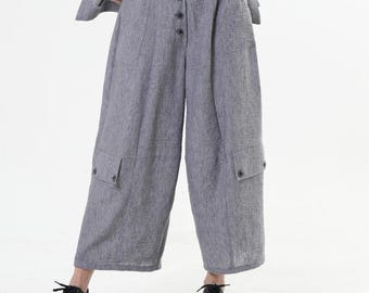Relaxed Cargo Pants In Gray / Wide-Leg Trousers With Linen - METP0128_Gray