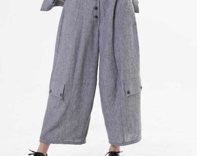 Relaxed Cargo Pants In Gray / Wide-Leg Trousers With Linen - METP0128_Gray