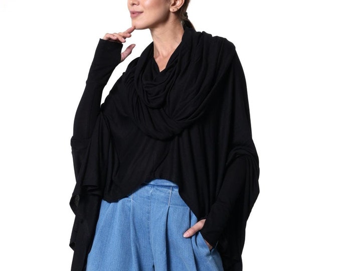 Extravagant Tunic With Scarf Collar In Black / Oversize Tunic Top METT0269-B