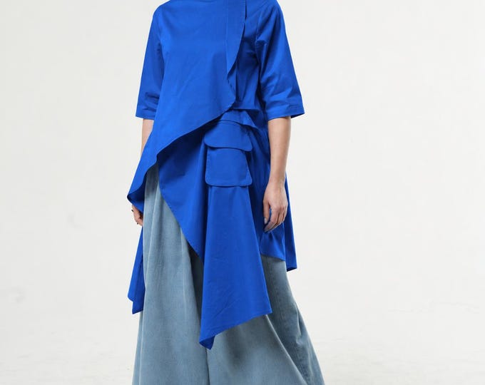 Asymmetrical Cotton Tunic Shirt: Blue , Loose Fit, Avant Garde Clothing METSh0002