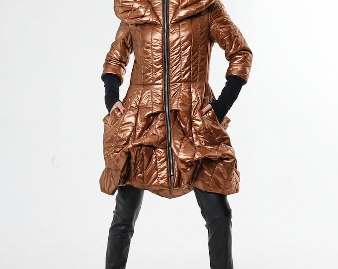Caramel Brown Puffer Coat with Oversized Collar and Draped Silhouette METC0076