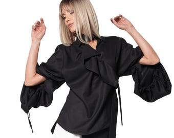 Black Wool Wrap Blouse with Statement Sleeves and Side Tie METT0310