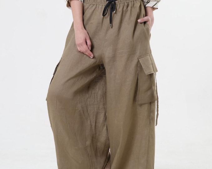 Linen Cargo Palazzo Pants in Khaki / Wide-Leg Pants METP0129 - Khaki