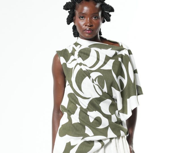 Draped Open Shoulder Blouse - Asymmetric Draped Top With Print In Green -  METT0303