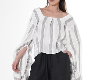 Striped Top With Oversize Sleeves / Ethno Style Blouse / Boho Top METT0282