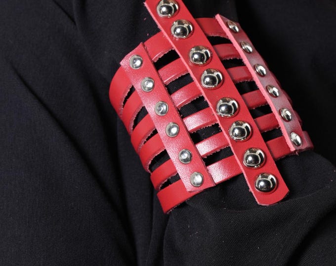 Red Leather Cuff - Studded Genuine Leather Bracelet METBR36