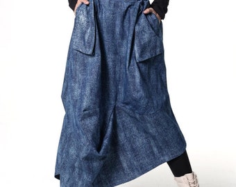 Denim Skirt with Draped Details / Asymmetrical Jean Skirt - METSk0048