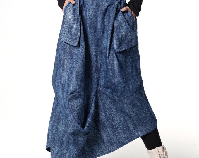 Denim Skirt with Draped Details / Asymmetrical Jean Skirt - METSk0048