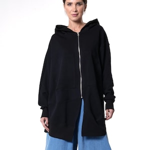 Asymmetric Zip-Up Sweatshirt / Long Zipper Hoodie / Black Sweatshirt - METC0145