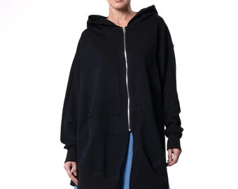 Asymmetric Zip-Up Sweatshirt / Long Zipper Hoodie / Black Sweatshirt - METC0145