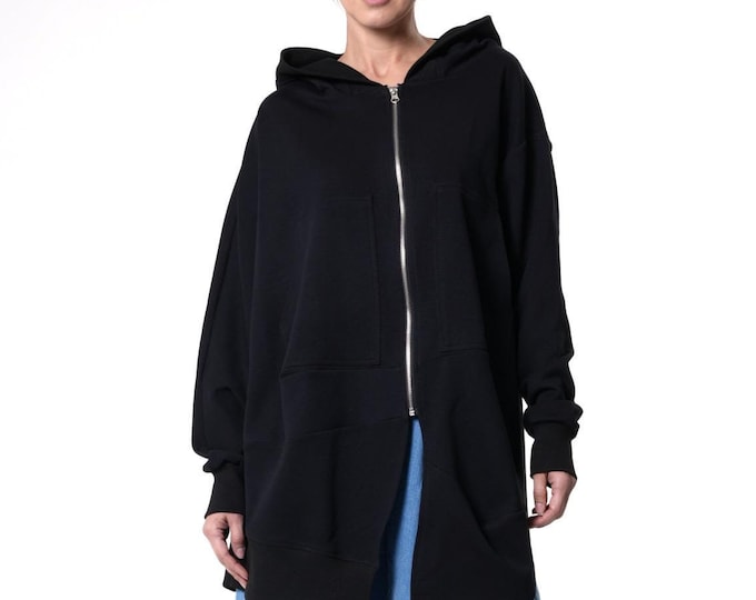 Asymmetric Zip-Up Sweatshirt / Long Zipper Hoodie / Black Sweatshirt - METC0145