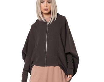 Beige Oversized Cotton Cardigan with Batwing Sleeves and Front Zipper METC0087