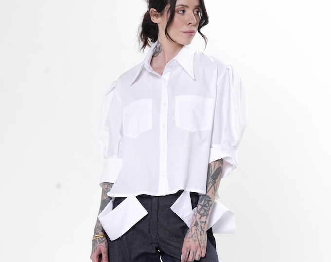 Cropped White Shirt With Puff Sleeves - Short Buttoned Blouse  - METSh0037