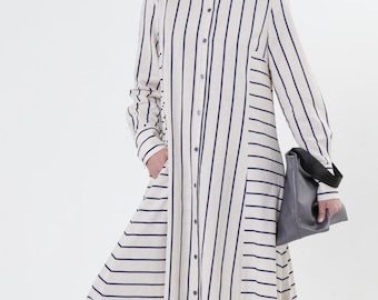 Striped Linen Maxi Dress: Long Sleeve Cotton Blend METD0247