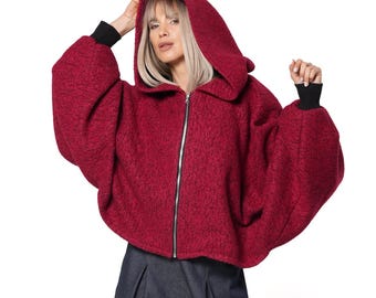 Red Bouclé Jacket with Voluminous Sleeves and Oversized Hood - METC0169