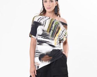 Asymmetric Top With Abstract Print  / Cotton Blouse / Short Sleeve Top Multicolor - METT0286