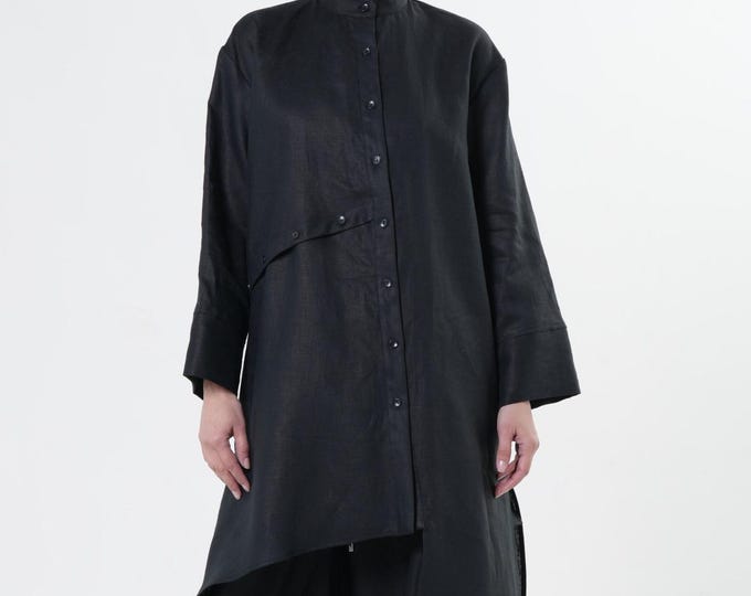 Asymmetrical Linen Shirt In Black  / Collared Shirt With Buttones / Mandarin Collar Top METSh0035 - Black
