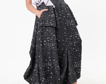 Distressed Denim Skirt with Draped Details / Asymmetric Jean Skirt METSk0048