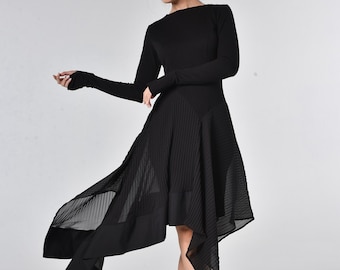 Pleated Chiffon Dress / Black Pleated Dress / Plus Size Goth Dress / Formal Goth Dress / Witch Dress / Long Sleeve Goth Dress / Metamorphoza