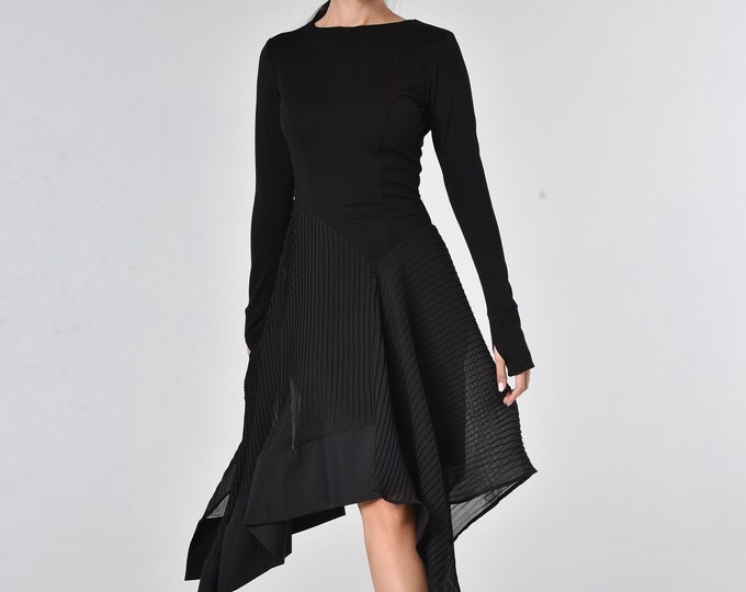 Long Sleeve Black Dress / Pleated Chiffon Dress / Asymmetric Extravagant Dress