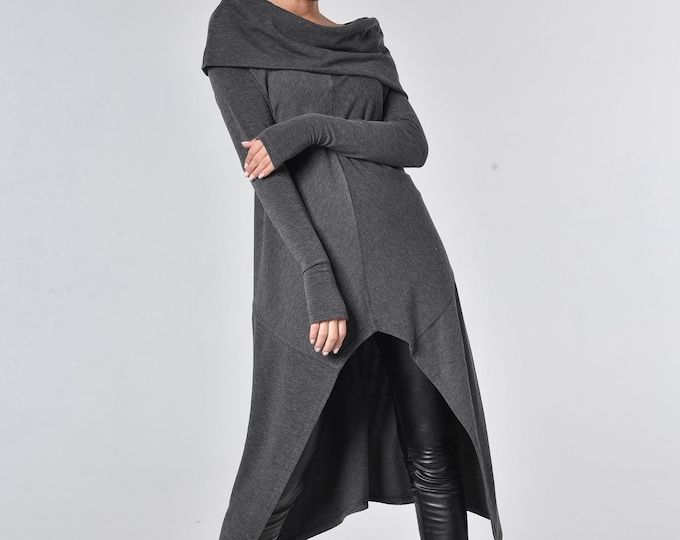 Asymmetrical Tunic / Grey Tunic / Off Shoulder Tunic / Long Tunic Dress / Post Apocalyptic Clothing / Tech Wear / Thumb Hole METT0056